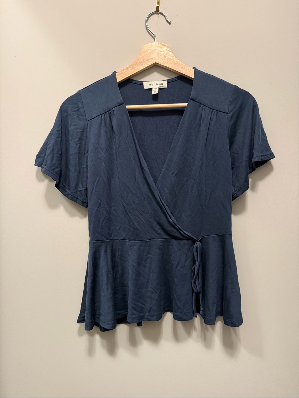 Monteau Navy Wrap Top with Side Tie